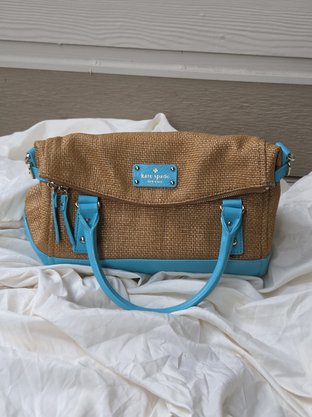 Kate Spade New York Woven Straw Satchel Bag Turquoise Leather Handles & Trim